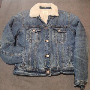 American Eagle Jacket Womens Medium Blue Denim Sherpa Fleece Lined Faux Fur